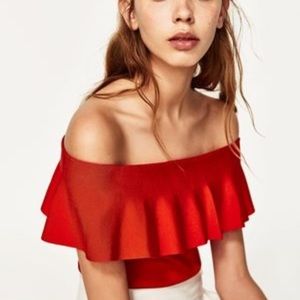 Zara Red Ruffle Knit Off The Shoulder Top